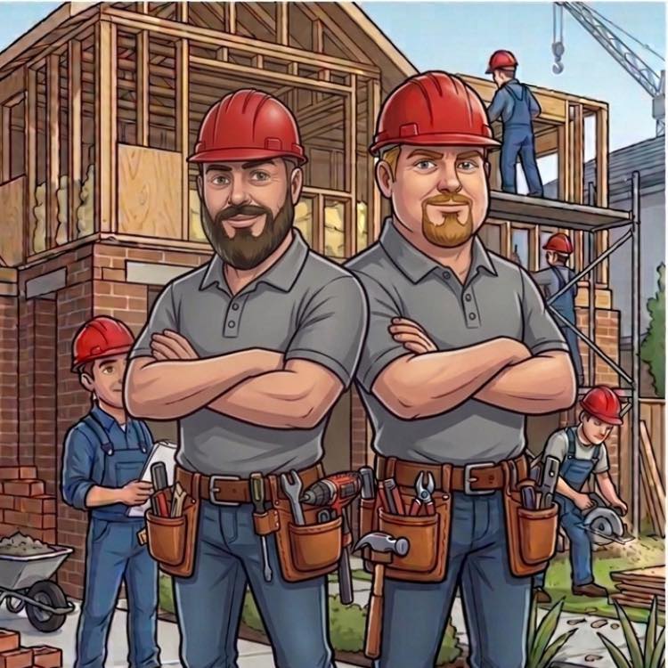 Cartoon illustration of Alon and Chad — two brothers in red hard hats — with their building crew